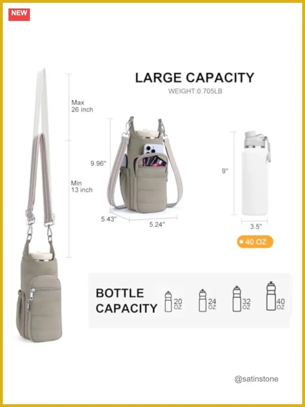 Insulated 40oz Water Bottle Crossbody Bag Carrier Purse with Adjustable Strap